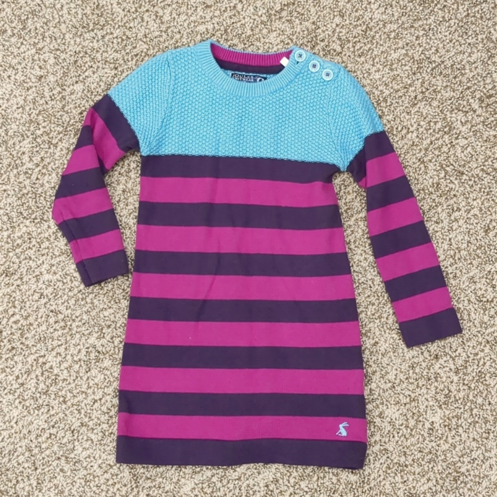 Joules Knitwear 5y long sleeved striped sweater dress, pink, plum, teal